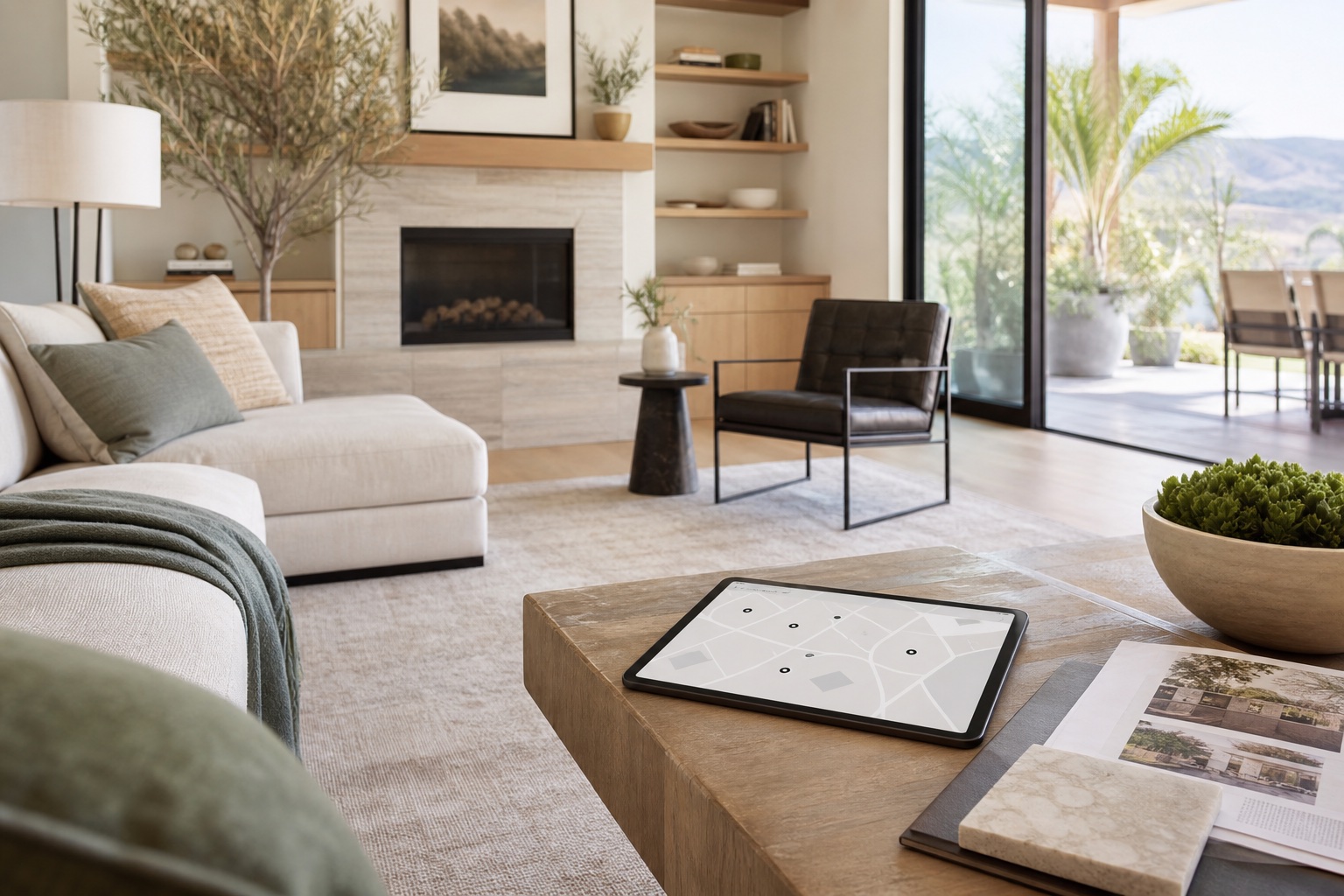 Tablet displaying an unlabeled property map inside a warm modern interior