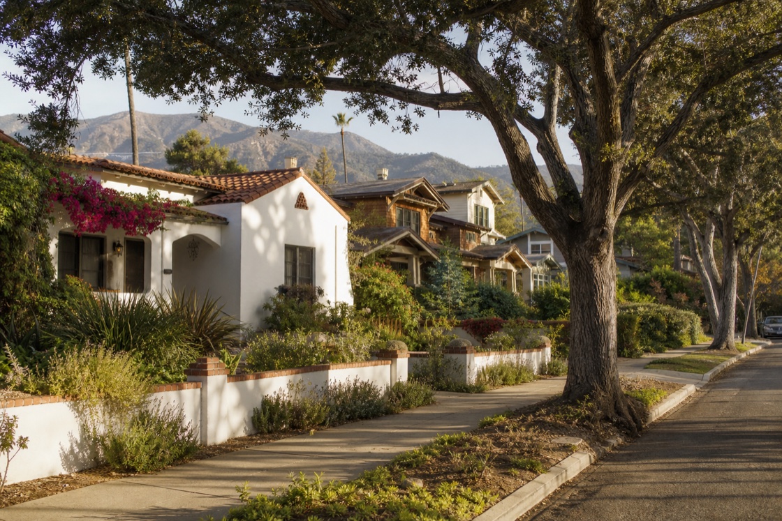 Oak-lined Santa Barbara County neighborhood with Spanish and Craftsman-style homes