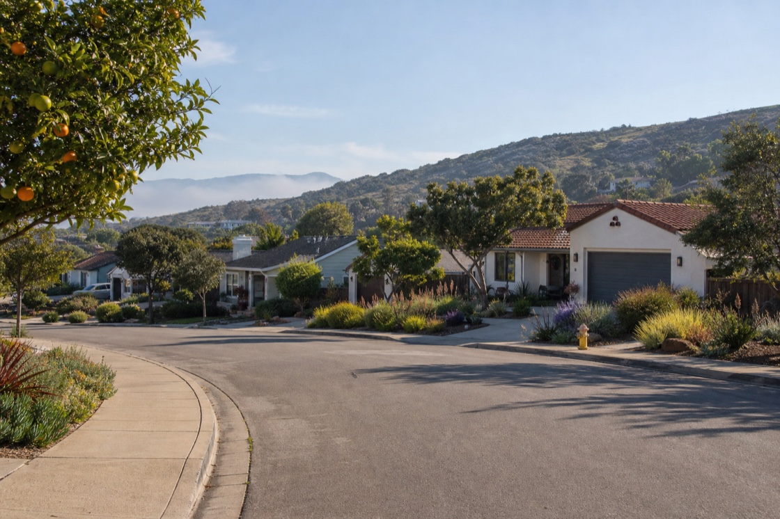 Ventura County coastal foothill neighborhood framed by citrus trees and dry ridges
