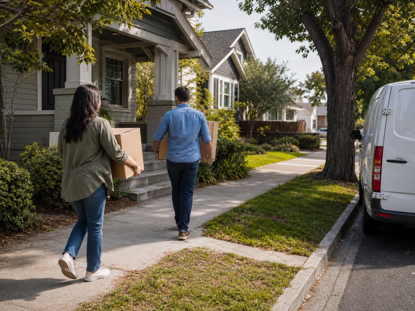 A couple carrying moving boxes into an established California neighborhood home