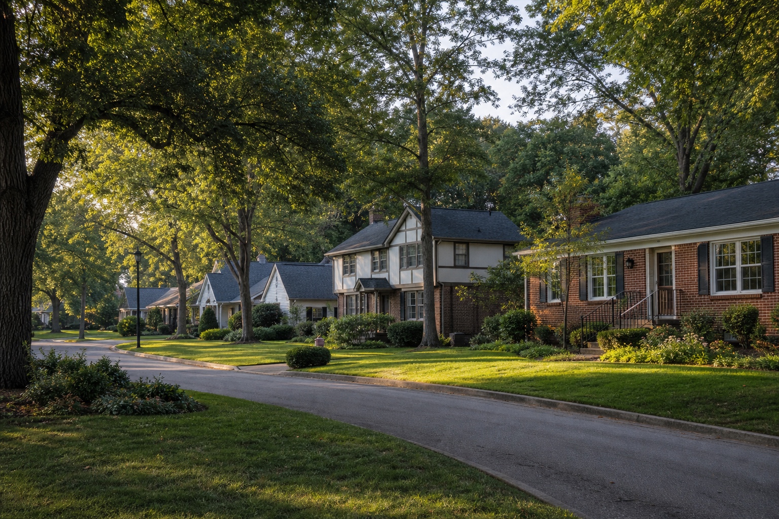 Established Birmingham-area neighborhood with brick homes beneath mature hardwood trees