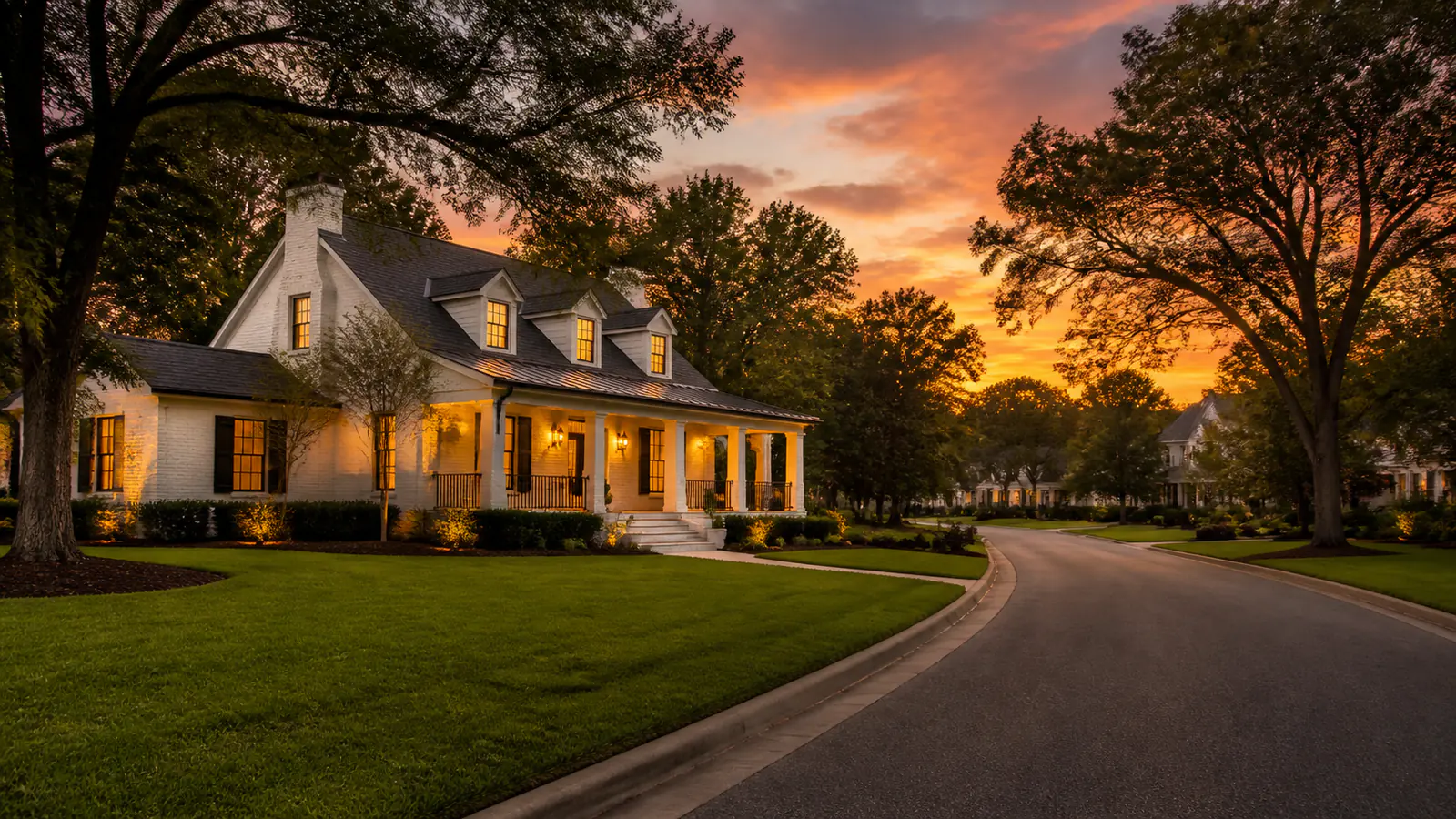 Premium Alabama home at sunset surrounded by mature trees and a landscaped lawn