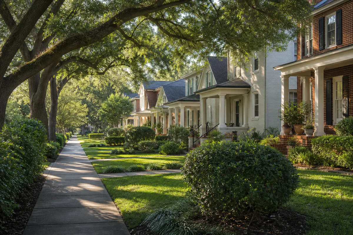 Representative Alabama neighborhood imagery beneath a canopy of mature trees