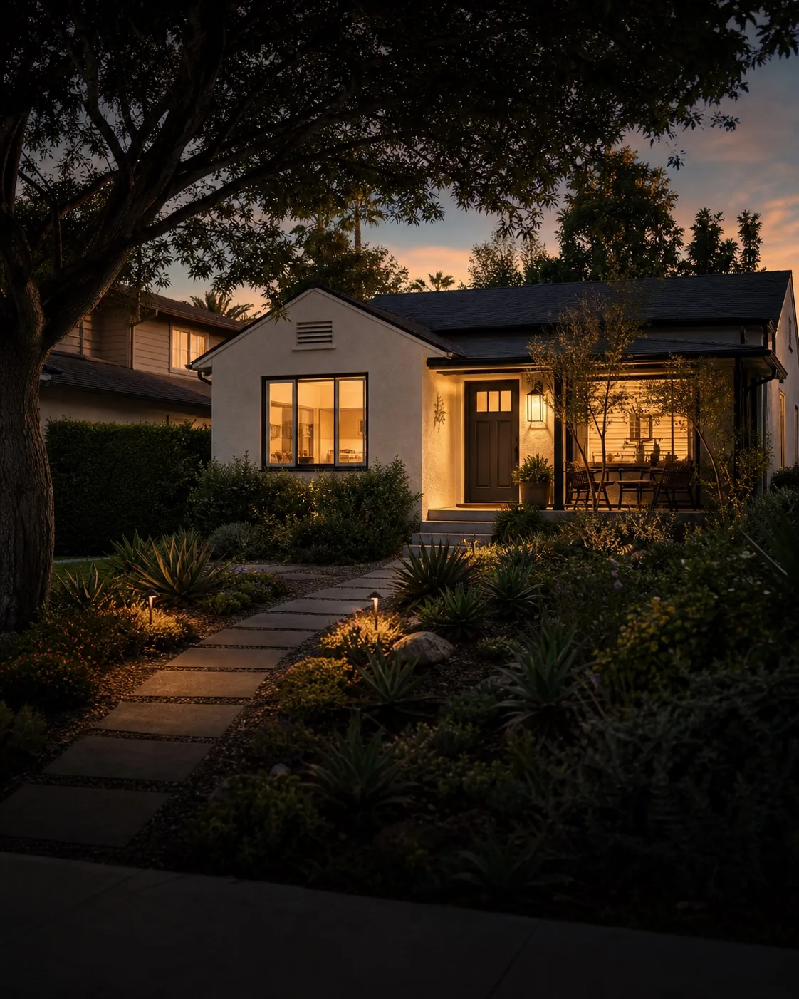 Welcoming renovated first home at dusk