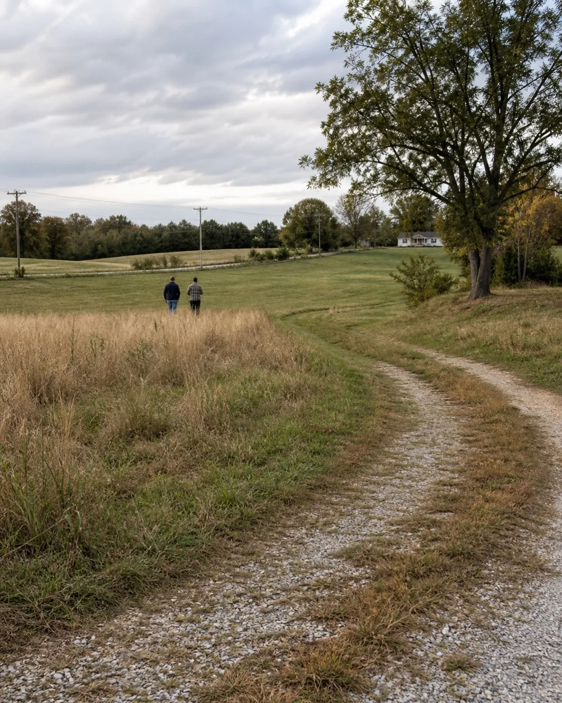 Two people walking a small acreage parcel near an established community